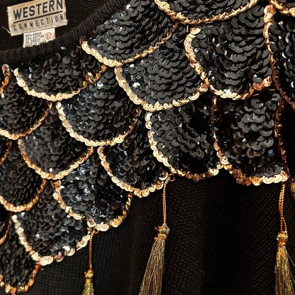 Vintage Western Connection sequined tassel black sweater size L - Picture 3 of 15
